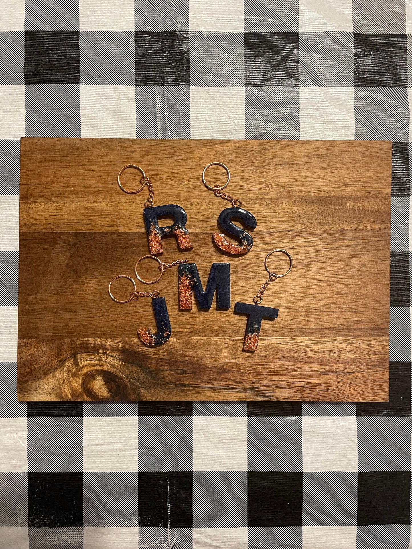 Glam Navy Blue and Rose Gold Initial Keychain