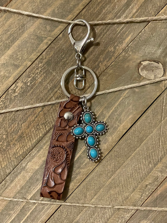 Vintage Leather and Stone Keychain